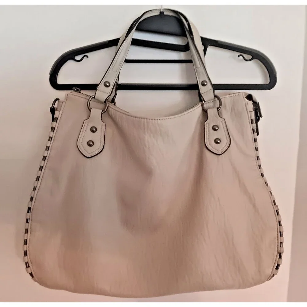 Jessica Simpson Hobo Bag Bone Leopard Print Lining Silver Hardware Crossbody